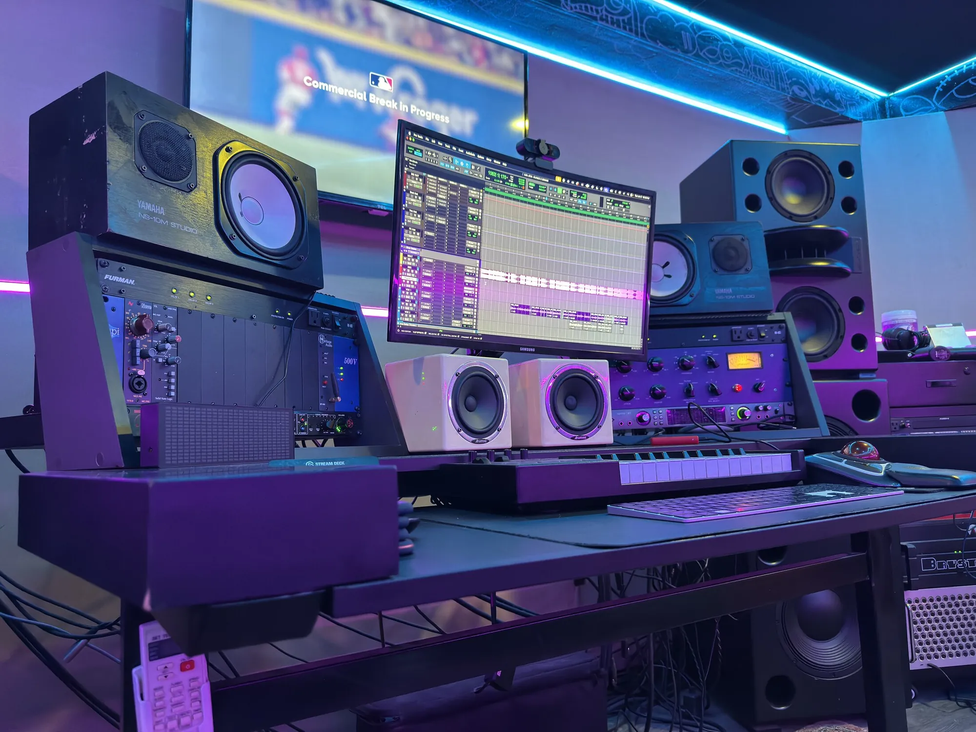 PLYBCK Studios — control room with RGB lighting, North Miami